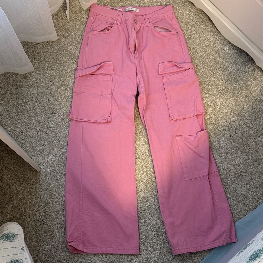 Bershka Pink Flare Cargo Jeans